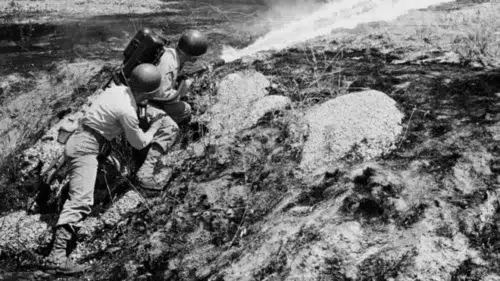 Museum of the American G.I in College Station, Texas - Image of Marines using a flamethrower in April 1951
