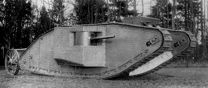 Museum of the American G.I in College Station, Texas - Image of bulkhead "Big Willie" which was the first rhomboid shaped tank with tracks running around the top of the hull