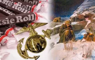 Museum of the American G.I in College Station, Texas - Image of Tootsie Roll candy pictured with the USMC Eagle Globe and Anchor with Marines in the cold