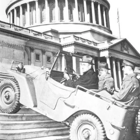 Museum of the American G.I in College Station, Texas - Image of the World War II & Interwar Period, where Prototype jeep drives up steps of the US Capitol