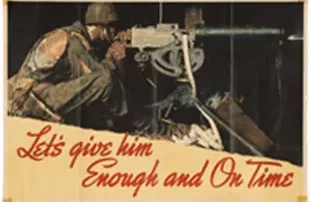 Museum of the American G.I in College Station, Texas - Image of Soldier in torn uniform firing a machine gun with statement "Let's give him enough and on Time"
