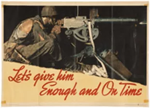 Museum of the American G.I in College Station, Texas - Image of Soldier in torn uniform firing a machine gun with statement "Let's give him enough and on Time"